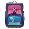 Schulranzen mit Unterwasserdesign in Pink und Blau, ausgestattet mit verschiedenen Anhängern.