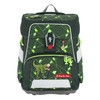 Schulranzen mit Dinosaurier-Motiv und neonfarbenen Akzenten auf grünem Hintergrund.