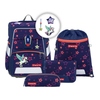 Schulranzen-Set mit Pegasus-Motiv und Zubehör in Neonfarben auf dunklem Hintergrund.