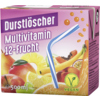 Verpackung eines veganen Multivitamin-Softdrinks mit Fruchtmotiven und einem Strohhalm.