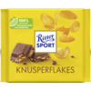 Ritter Sport Schokolade Knusperflakes in gelber Verpackung mit Cornflakes und Schokolade.
