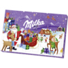 Adventskalender von Milka mit buntem Weihnachtsdesign und 24 versteckten Schokoladentafeln.
