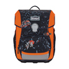 Schulranzen in Orange und Schwarz mit Sprüchen und Motiven sowie einem großen Hauptfach.