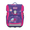 Schulranzen in Lila und Pink mit Flamingo-Anhänger und buntem Eis-Wasserzeichen.