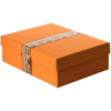 Pastellorange Aufbewahrungsbox mit Griffaussparung und Banderole in puristischem Design.