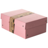 Pastellpinkfarbene Aufbewahrungsbox mit Deckel und Banderole.