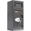 Tresor mit Einwurfschlitz und abschließbarem Depot in grauer Farbe.