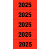 Rotes Jahresschild mit aufgedruckter Zahl '2025' in fetter schwarzer Schrift.