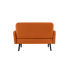 Rückansicht eines orangefarbenen Sofas mit schwarzen Beinen, ohne sichtbare Nähte oder Dekoration.