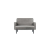 Graues Sofa mit Samtbezug und Holzbeinen, Vorderansicht, ohne Zubehör.