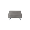 Rückansicht eines grauen Sofas mit Samtoberfläche und schwarzen Beinen.