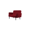 Rotes Sofa mit zwei Armlehnen und schwarzen Beinen, einfaches Design, ideal für städtische Räume.