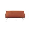 Rückansicht eines braunen Sofas mit schmalen Beinen aus schwarzem Metall.