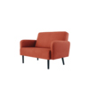 Zweisitzer-Sofa in rostfarbenem Stoff mit schwarzen Beinen, seitliche Ansicht.