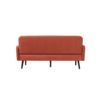 Rückansicht eines rot-orangefarbenen Sofas mit schwarzen Beinen.