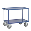 Blauer Transportwagen mit zwei Stahlblechwannen und vier Rollen, zwei davon lenkbar.