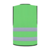 Grüne Warnweste mit zwei umlaufenden Reflexstreifen und schwarzer Polyestereinfassung, Rückansicht.