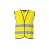 Signal-gelbe Warnweste mit zwei umlaufenden Reflexstreifen und schwarzer Polyestereinfassung.