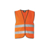Signalorange Warnweste mit zwei umlaufenden Reflexstreifen und schwarzer Einfassung.