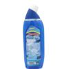 WC-Reiniger in blauer Flasche mit tropfenförmigem Deckel und Wellenmotiv auf dem Etikett.