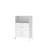 Weißer Regalschrank mit zwei Schubladen und zwei Türen, höhenverstellbarem Sockel.