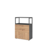 Regalschrank in graphit und asteiche mit offenes Rahmenelement und zwei Schubladen.