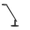 Schwarze LED Tischleuchte mit flexibler Armstruktur und rundem Fuß auf weißem Hintergrund.