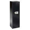 Schwarzer Waffenschrank mit Doppelbartschloss, aufrecht stehend und seitlicher Sicherheitstür.