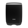 Schwarzer Handtuchspender mit abgerundeten Ecken und Frontöffnung für Falthandtücher.