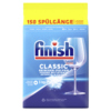 Blau-gelbe Verpackung des Finish Spülmaschinenpulvers Classic mit einem Glas und 3 kg Inhalt.