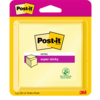 Gelber Post-it® Haftnotizwürfel Super Sticky in Verpackung, Ansicht von vorne.