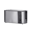 Toaster in silberner Farbe mit zwei Schlitzen und Bedienelementen an der Front.