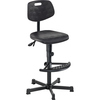 Schwarzer Arbeitsdrehstuhl mit höhenverstellbarer Fußstütze und gepolsterter Rückenlehne.