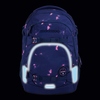 Schulrucksack in dunklem Blau mit leuchtenden pinken Akzenten und reflektierenden Elementen.