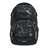 Schulrucksack mit reflektierendem Splash-Design in Schwarz und Grautönen, Frontansicht.