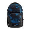 Schwarzer Schulrucksack mit blauen geometrischen Mustern, Fronttaschen und verstellbaren Gurten.