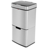 Hochformatiger Edelstahl-Abfalleimer mit Sensoröffnung und herausnehmbaren Inneneimern.
