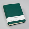 Grünes Fotoalbum aus Buchleinen mit einem weißen Band und Beschriftung.