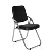 Schwarzer klappbarer Besucherstuhl mit metallischem Gestell in seitlicher Ansicht.