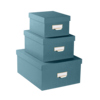 Ineinander stapelbare Aufbewahrungsboxen in Blaugrün, bestehend aus drei Größen.