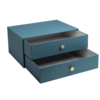 Blaugrüne Schubladenbox mit zwei leichtgängigen Schubladen und goldenem Knopf.
