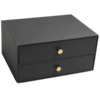 Schwarze Schubladenbox mit zwei Schubladen und goldenen Knöpfen im Textileffekt.