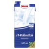 Verpackung von MUH H-Vollmilch mit 3,5 % Fett, blau mit Milchspritzern und angegebenen Nährwerten.