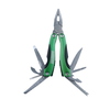 Multitool mit Zange, Klingen und weiteren Funktionen in grün-schwarzem Design.