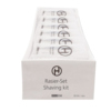 Hygienisches Rasier-Set in klassisch weißer Verpackung mit mehreren Einzelpackungen.