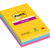 Bunte Post-it Super Sticky Notes in gelb, blau, pink und grün im Lageformat 101 x 152 mm.