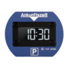 Digitale Parkscheibe mit Anzeige der Ankunftszeit in blauer Farbe und entsprechender Zulassung.