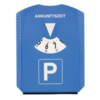 Blaue Parkscheibe mit Skala für Ankunftszeit und P-Symbol auf der Vorderseite.