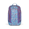 Schulrucksack mit geometrischem Muster in lila und blau, Vorderansicht.
