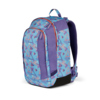 Blau-lila Schulrucksack mit geometrischem Muster, seitliche Ansicht, ergonomisches Design.